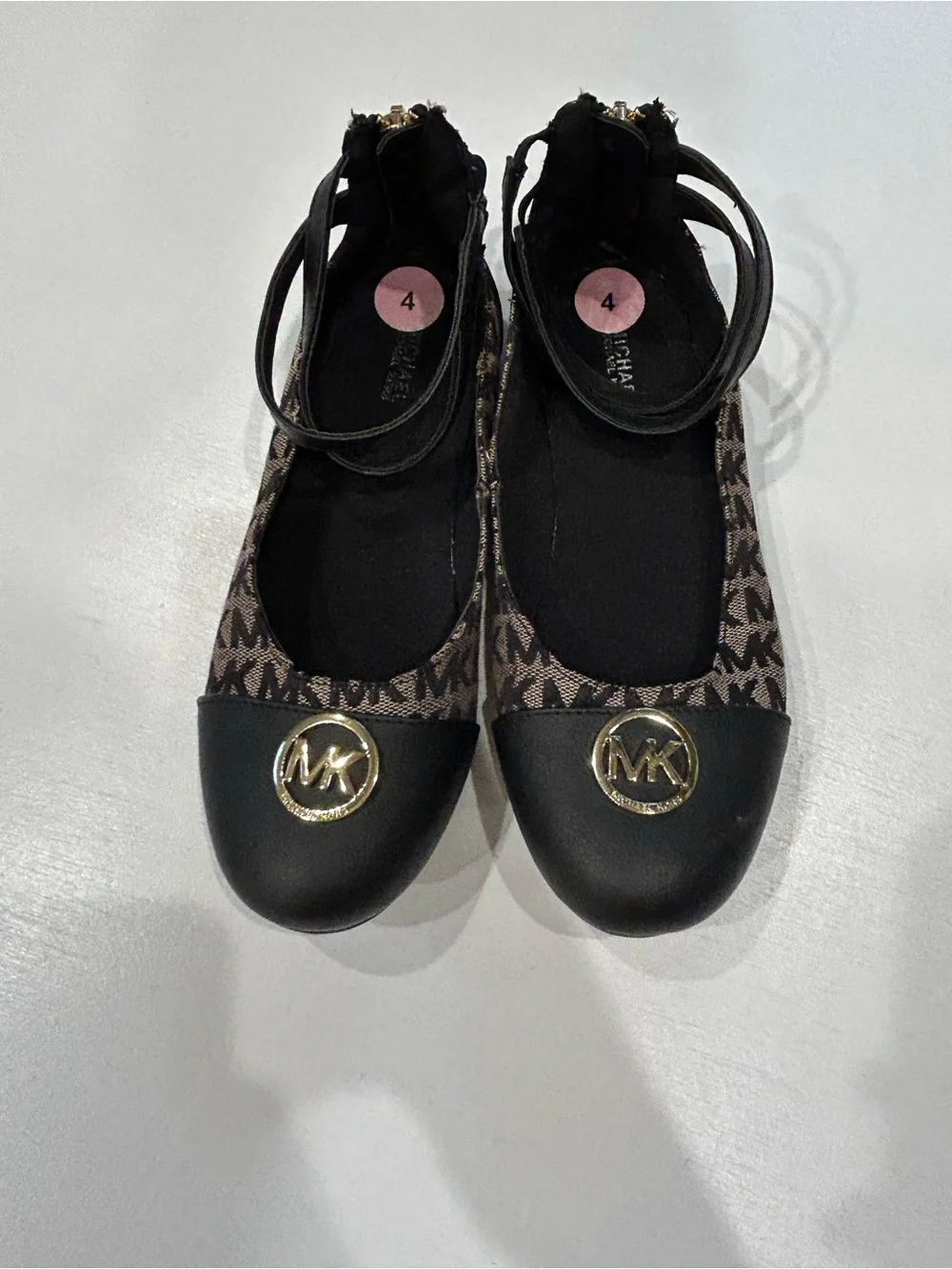 Michael Kors Black and Brown Logo Ballet Flats with Gold MK Medallion